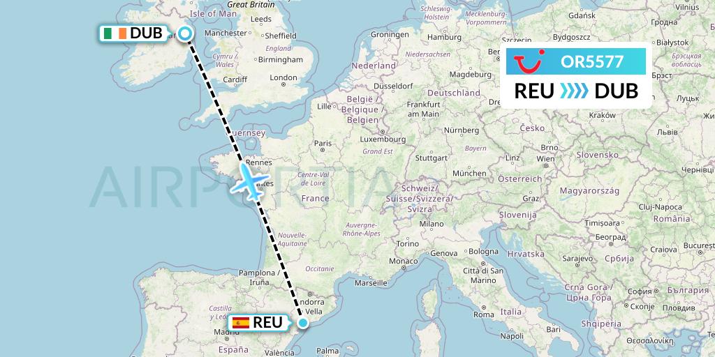 OR5577 TUI fly Netherlands Flight Map: Reus to Dublin