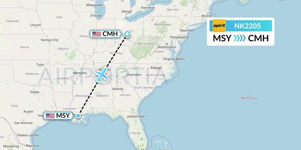 NK2205 Spirit Airlines Flight Map: New Orleans to Columbus