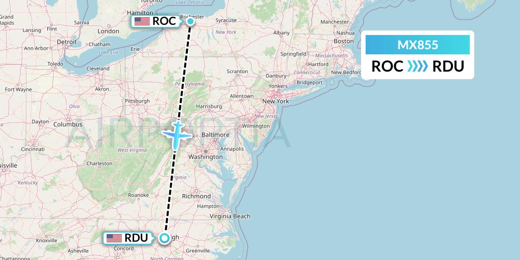 MX855 Breeze Airways Flight Map: Rochester to Raleigh-Durham