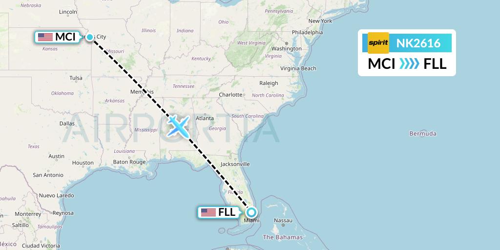NK2616 Spirit Airlines Flight Map: Kansas City to Fort Lauderdale
