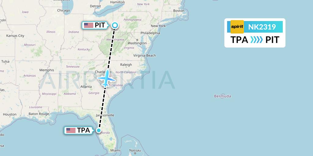 NK2319 Spirit Airlines Flight Map: Tampa to Pittsburgh
