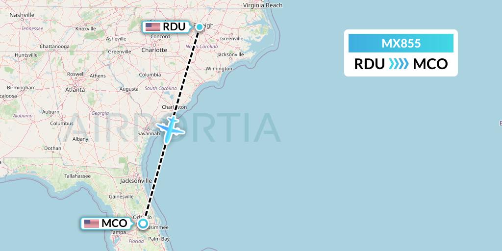 MX855 Breeze Airways Flight Map: Raleigh-Durham to Orlando