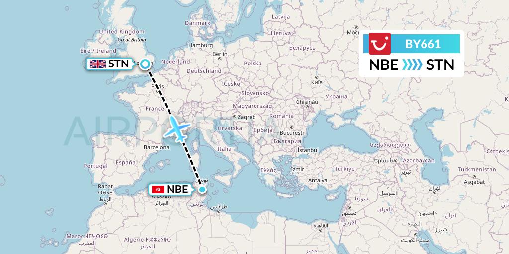 BY661 TUI Airways Flight Map: Enfidha to London