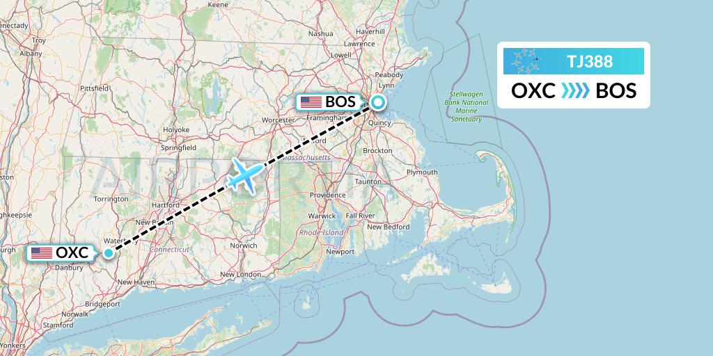 TJ388 Tradewind Aviation Flight Map: Oxford to Boston