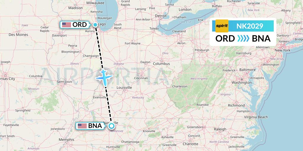 NK2029 Spirit Airlines Flight Map: Chicago to Nashville