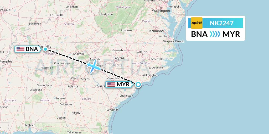 NK2247 Spirit Airlines Flight Map: Nashville to Myrtle Beach