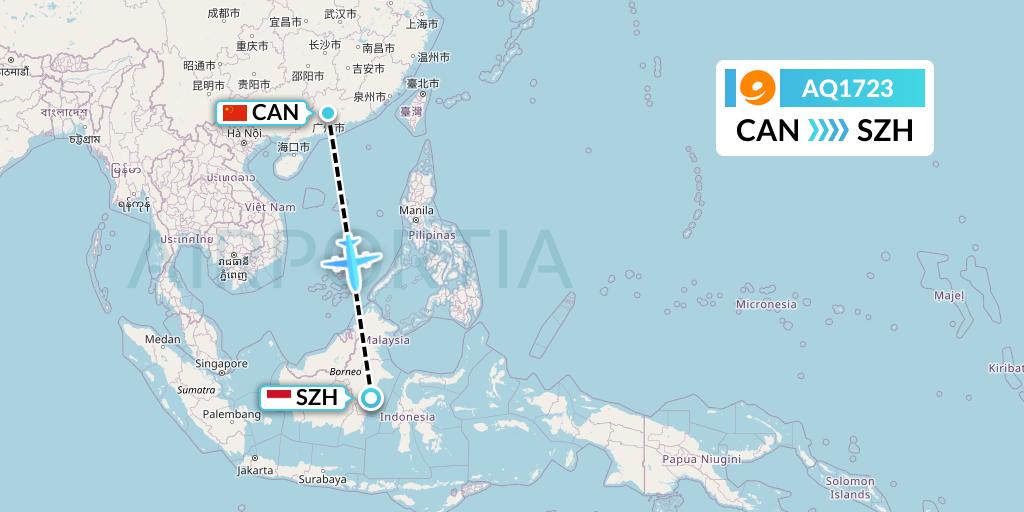 AQ1723 9 Air Flight Map: Guangzhou to Senipah-Borneo Island