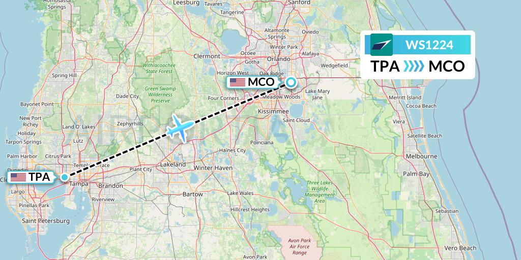 WS1224 WestJet Flight Map: Tampa to Orlando