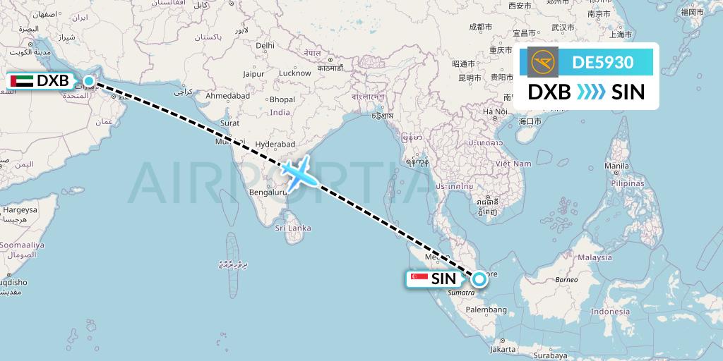 DE5930 Condor Flight Map: Dubai to Singapore