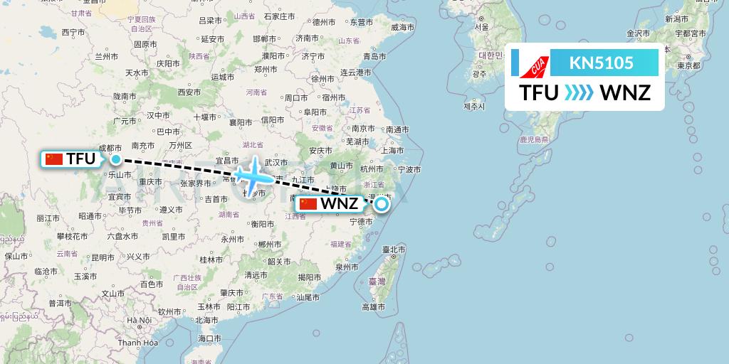 KN5105 China United Airlines Flight Map: Chengdu to Wenzhou