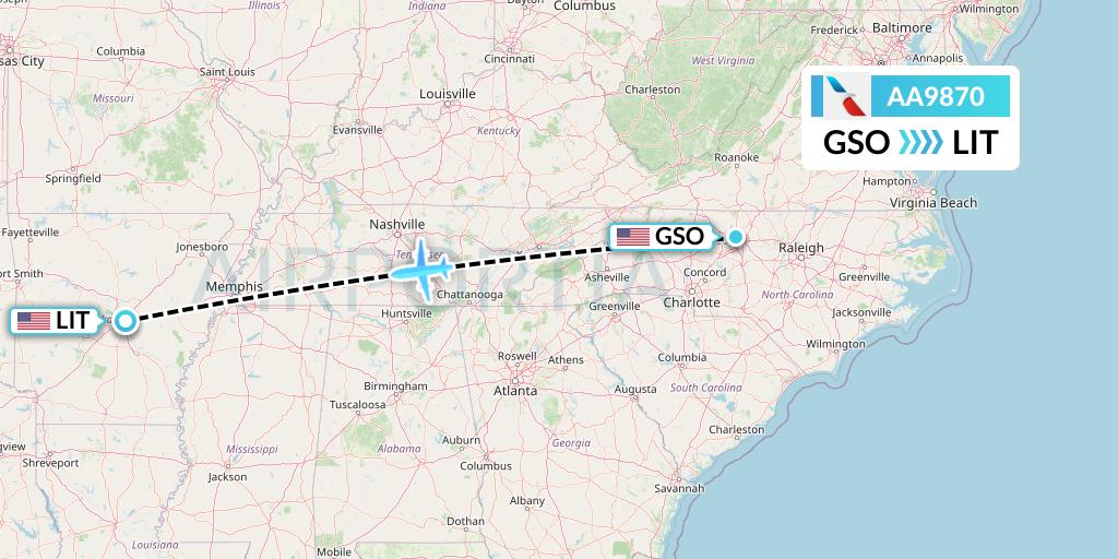 AA9870 American Airlines Flight Map: Greensboro to Little Rock