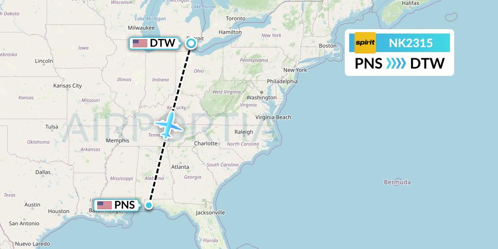 NK2315 Spirit Airlines Flight Map: Pensacola to Detroit