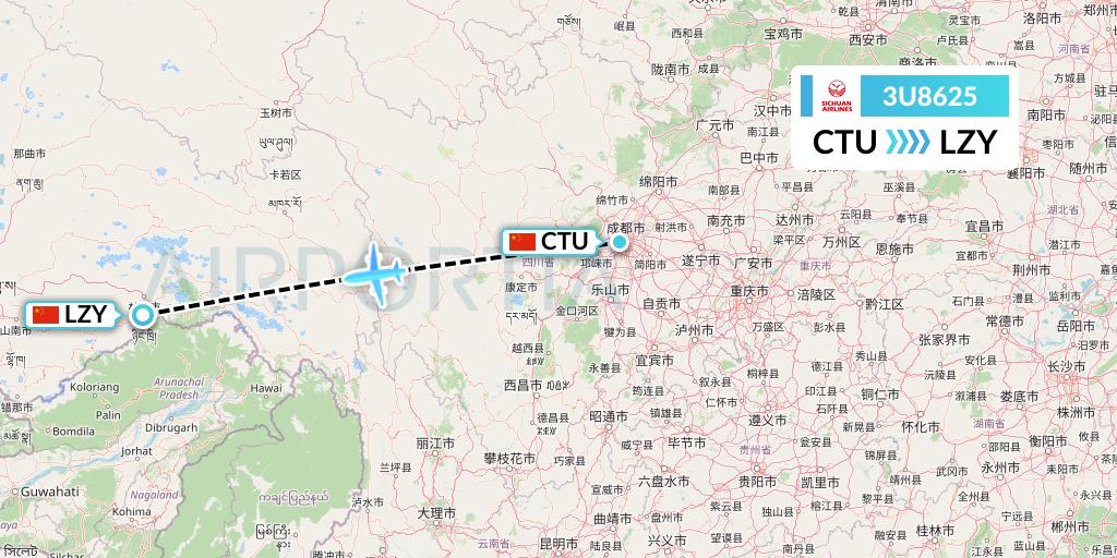 3U8625 Sichuan Airlines Flight Map: Chengdu to Nyingchi