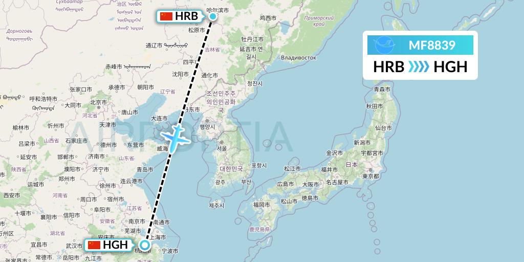 MF8839 Xiamen Airlines Flight Map: Harbin to Hangzhou