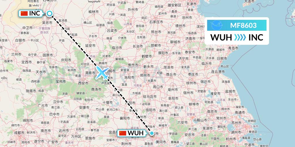 MF8603 Xiamen Airlines Flight Map: Wuhan to Yinchuan