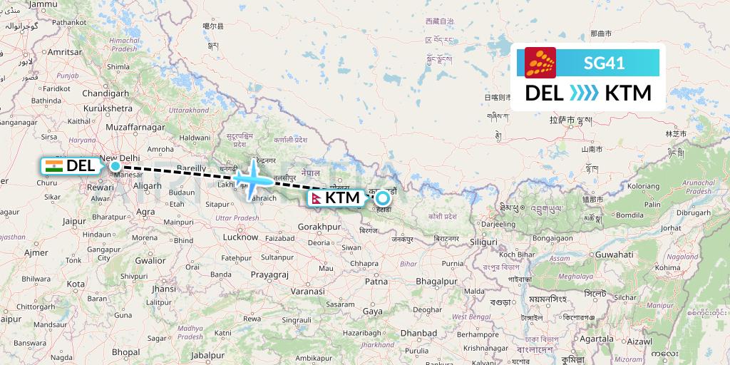 SG41 SpiceJet Flight Map: Delhi to Kathmandu