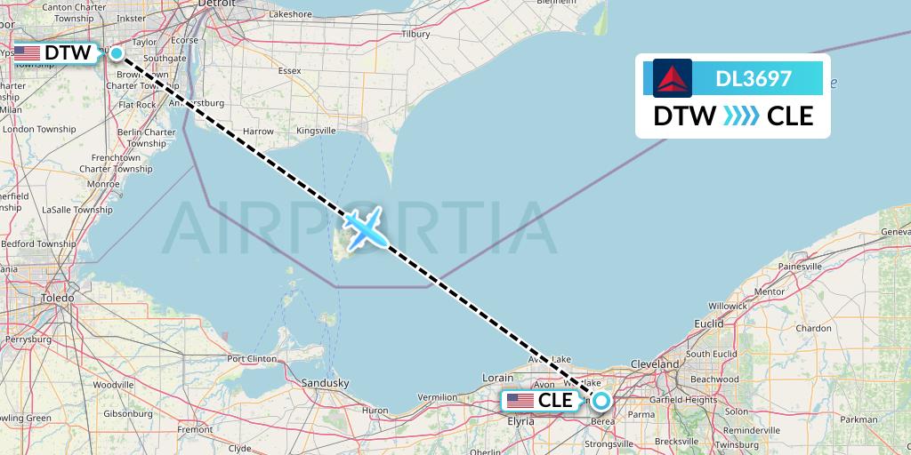 DL3697 Delta Air Lines Flight Map: Detroit to Cleveland