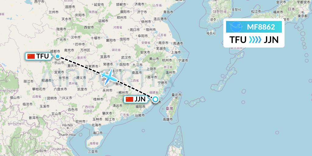 MF8862 Xiamen Airlines Flight Map: Chengdu to Jinjiang