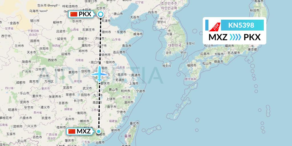 KN5398 China United Airlines Flight Map: Meixian to Beijing