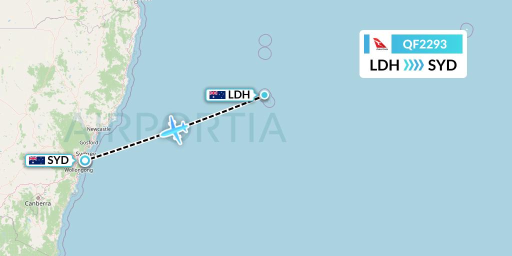 QF2293 Qantas Flight Map: Lord Howe Island to Sydney