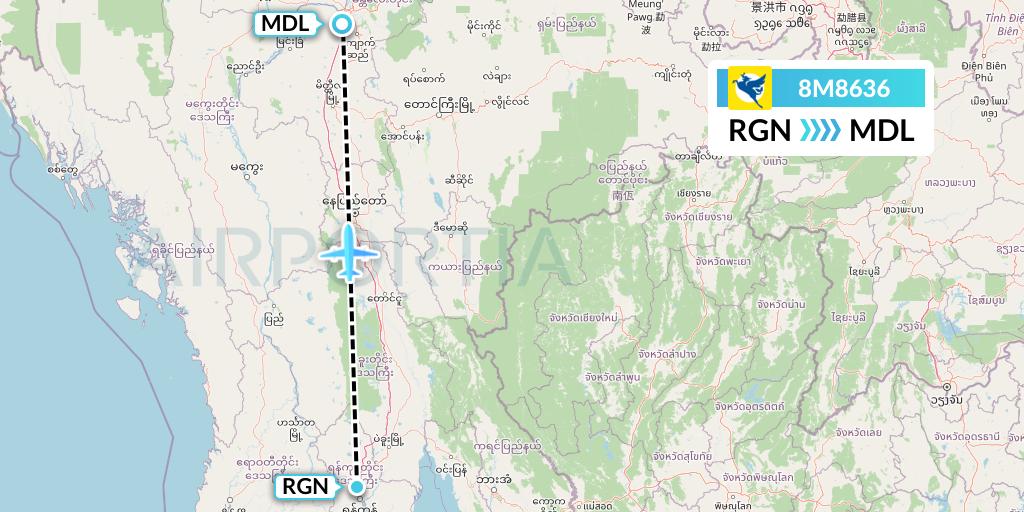 8M8636 Myanmar Airways International Flight Map: Yangon to Mandalay