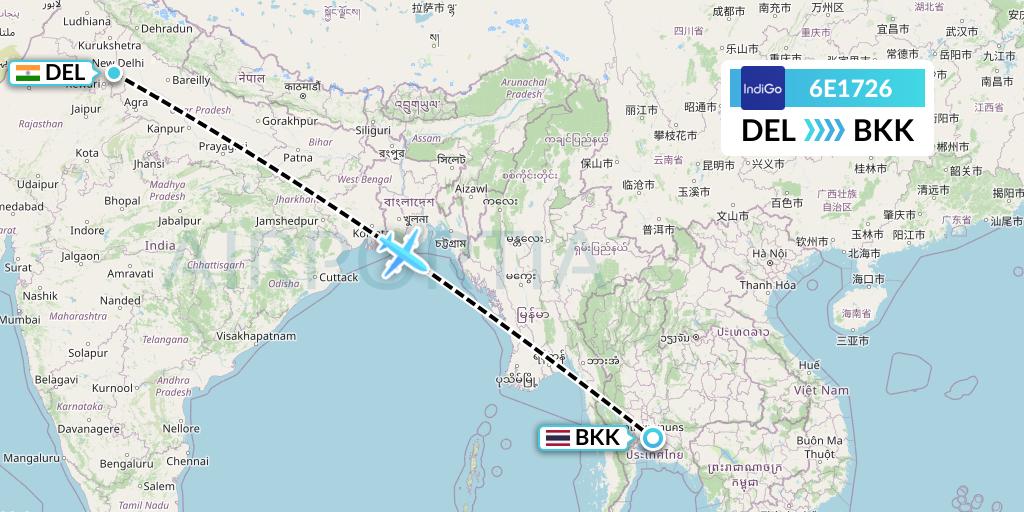 6E1726 IndiGo Airlines Flight Map: Delhi to Bangkok
