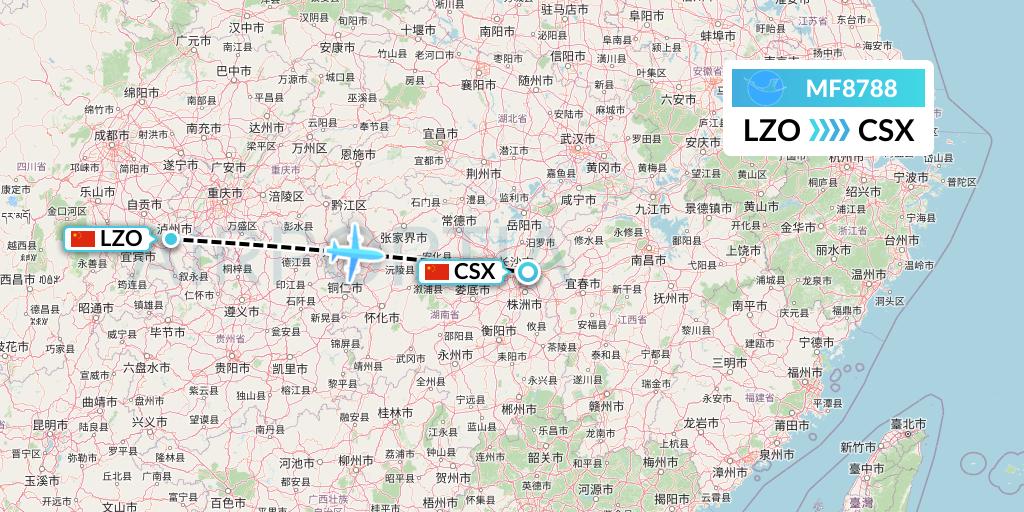 MF8788 Xiamen Airlines Flight Map: Luzhou to Changsha