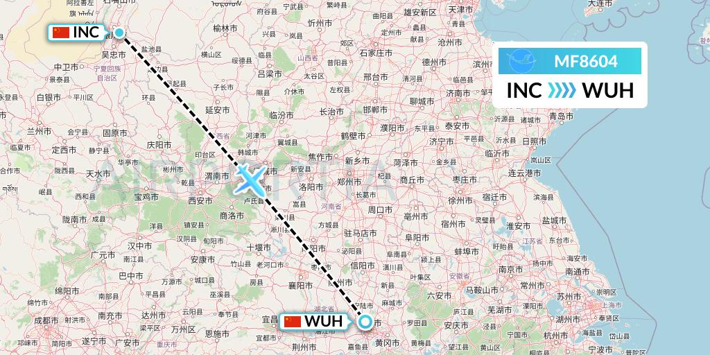 MF8604 Xiamen Airlines Flight Map: Yinchuan to Wuhan