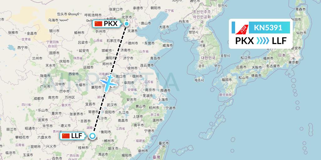KN5391 China United Airlines Flight Map: Beijing to Yongzhou