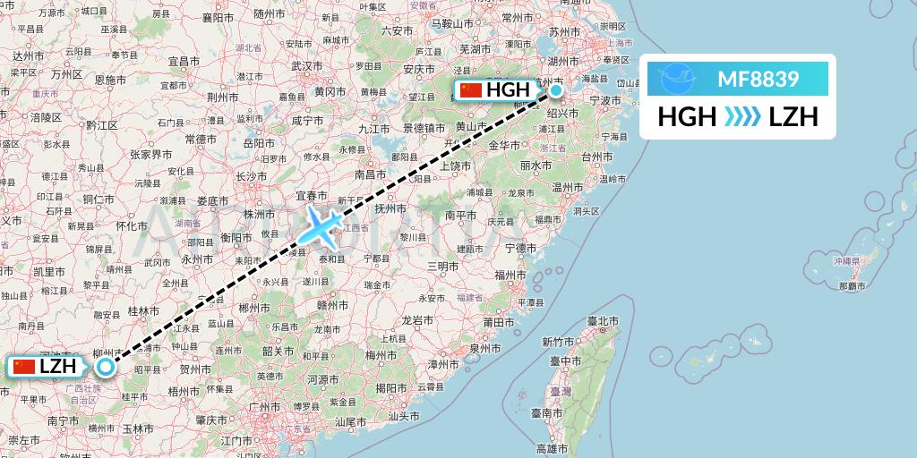 MF8839 Xiamen Airlines Flight Map: Hangzhou to Liuzhou