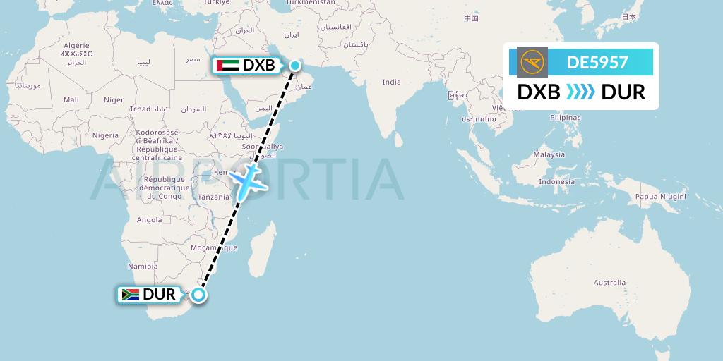 DE5957 Condor Flight Map: Dubai to Durban
