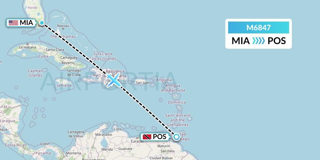 M6847 Amerijet International Flight Map: Miami to Port of Spain