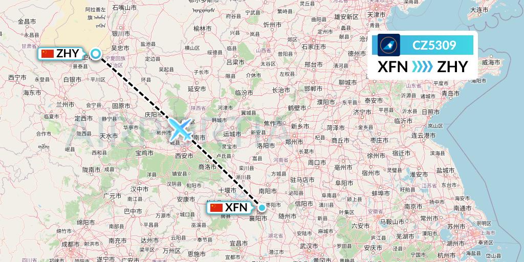 CZ5309 China Southern Airlines Flight Map: Xiangyang to Zhongwei