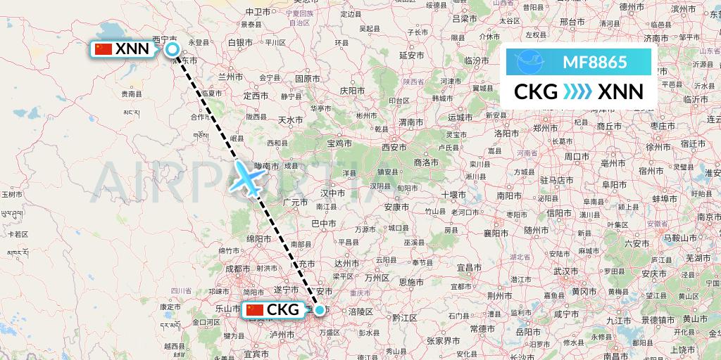 MF8865 Xiamen Airlines Flight Map: Chongqing to Xining