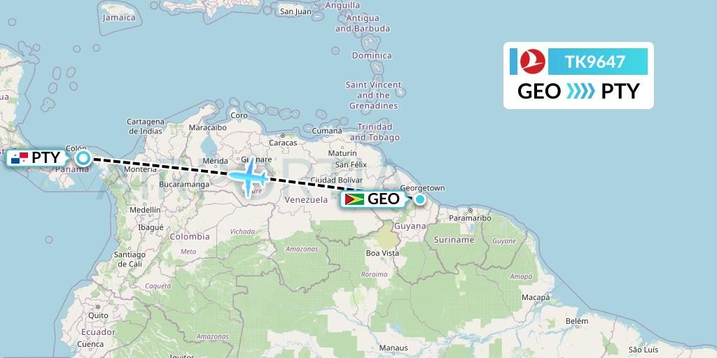 TK9647 Turkish Airlines Flight Map: Georgetown to Panama City