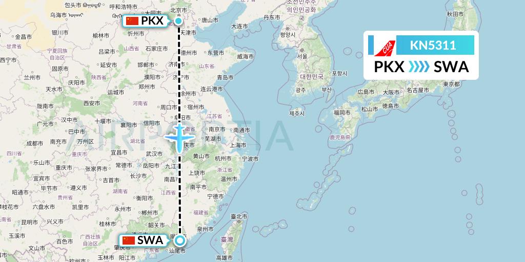 KN5311 China United Airlines Flight Map: Beijing to Jieyang
