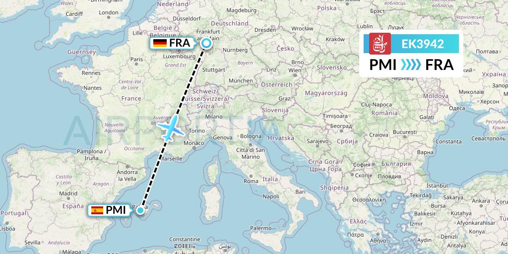 EK3942 Emirates Flight Map: Palma de Mallorca to Frankfurt