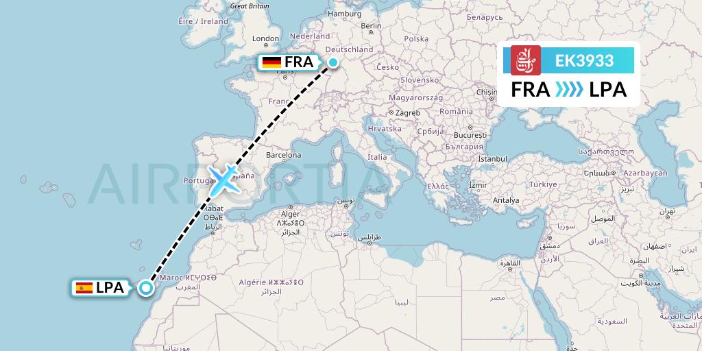 EK3933 Emirates Flight Map: Frankfurt to Las Palmas