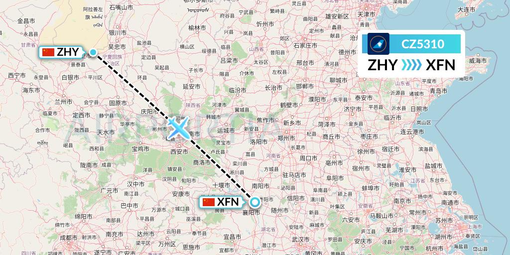 CZ5310 China Southern Airlines Flight Map: Zhongwei to Xiangyang
