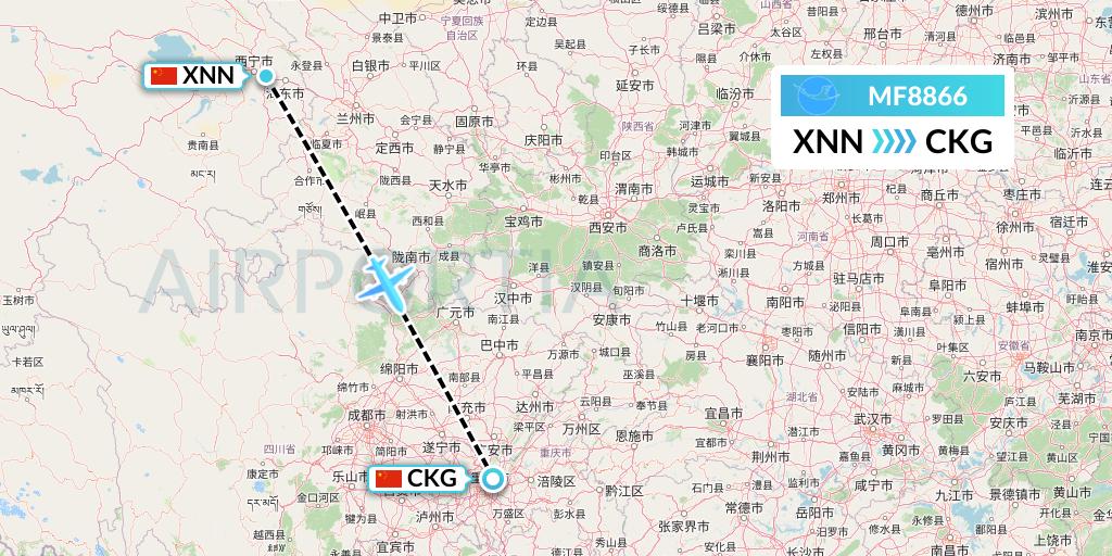 MF8866 Xiamen Airlines Flight Map: Xining to Chongqing