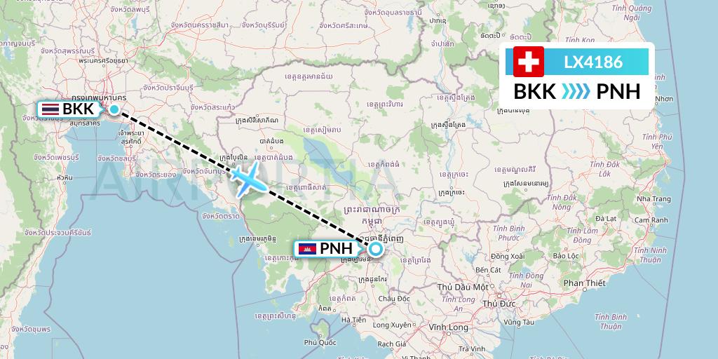 LX4186 Swiss Flight Map: Bangkok to Phnom Penh