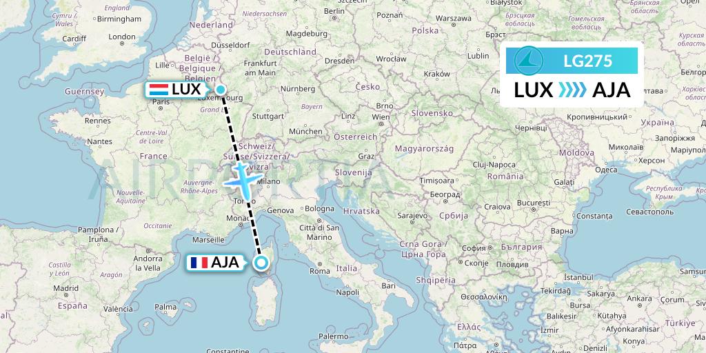 LG275 Luxair Flight Map: Luxembourg to Ajaccio