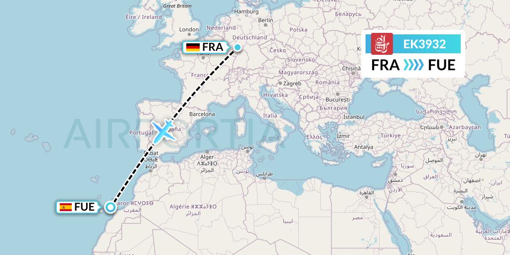 EK3932 Emirates Flight Map: Frankfurt to Fuerteventura