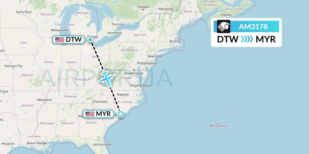 AM3178 Aeromexico Flight Map: Detroit to Myrtle Beach