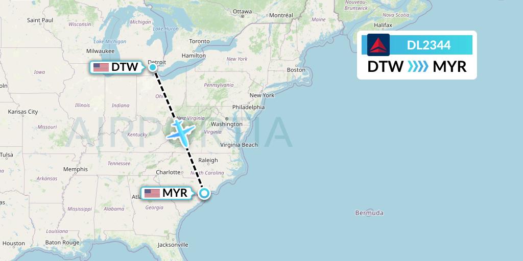 DL2344 Delta Air Lines Flight Map: Detroit to Myrtle Beach