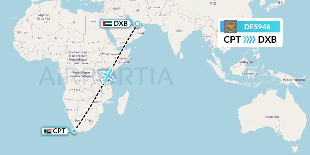 DE5946 Condor Flight Map: Cape Town to Dubai