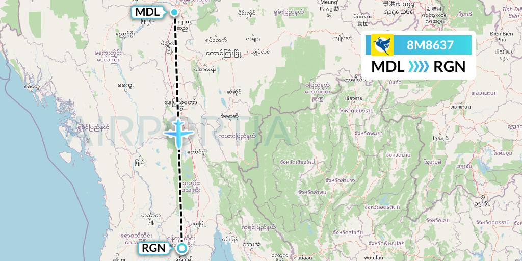 8M8637 Myanmar Airways International Flight Map: Mandalay to Yangon