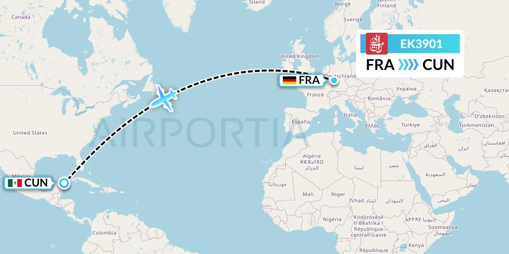 EK3901 Emirates Flight Map: Frankfurt to Cancun