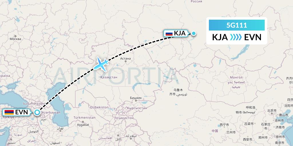 5G111 Shirak Avia Flight Map: Krasnoyarsk to Yerevan