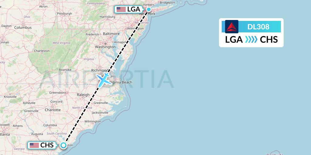 DL308 Delta Air Lines Flight Map: New York to Charleston